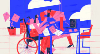 Piirroskuva pyörätuolista ja ihmisistä pilvitaivaan alla.