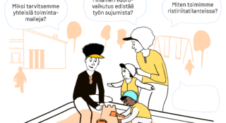 Piirroskuva, missä kaksi henkilöä ja lapsi hiekkalaatikolla