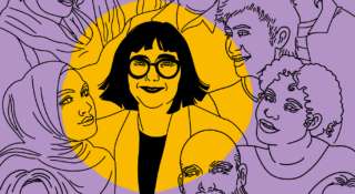 Piirroskuva silmälasipäisestä naisesta, muita kasvoja ympärillä