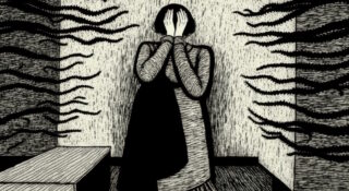 piirroskuva ihmishahmosta istumassa nurkassa kädet silmien edessä