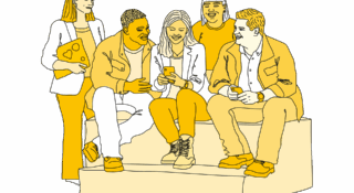 Kuvituskuva, missä joukko ihmisiä istuu sohvalla
