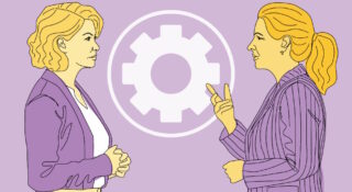 Piirroskuva kahdesta hahmosta vastakkain, pyörä ratas välissä