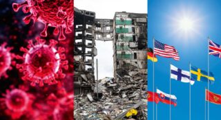 Kolme kuvaa vierekkäin: tuhoutunut rakennus, virus ja maailman lippuja