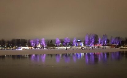 Joen ranta talvella. Vastarannalla lumisia puita ja katuvaloja.