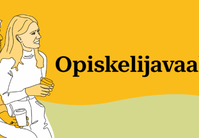 Talentian opiskelijavaalien kuva, jossa kaksi ihmistä piirroshahmona ja teksti "opiskelijavaalit"