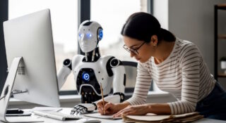 Nainen työskentelee pöydän ääressä robotin vieressä