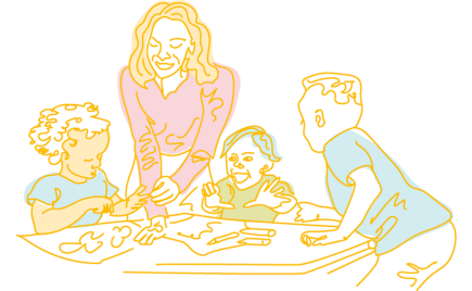 Piirroskuva lapsista leikkimässä pöydän ääressä aikuisen kanssa