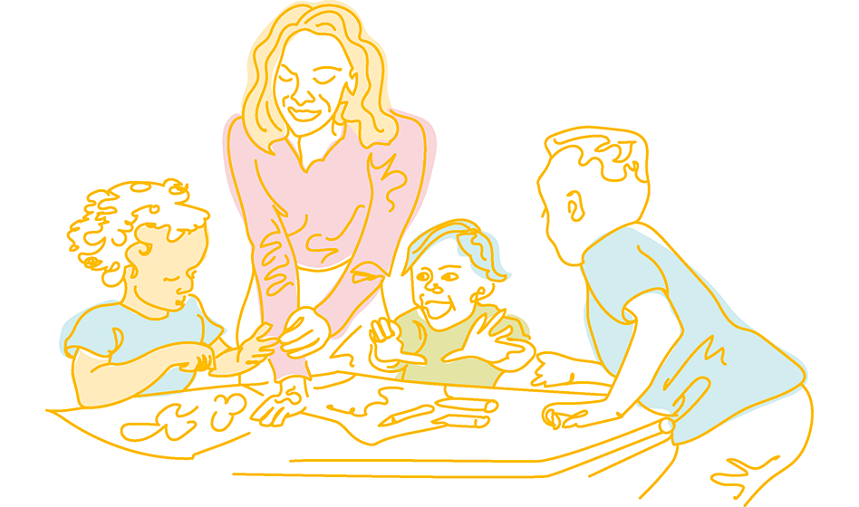 Piirroskuva lapsista leikkimässä pöydän ääressä aikuisen kanssa