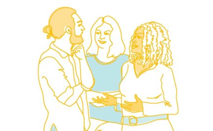 Piirroskuva, jossa kolme henkilö keskustelee