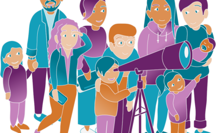 Piirroskuva. Aikuisia ja lapsia katsomassa kiikarilla.