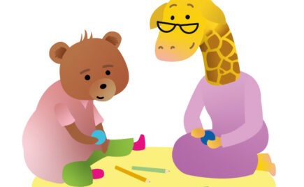 Piirroskuvassa karhu ja kirahvi lukevat kirjaa.