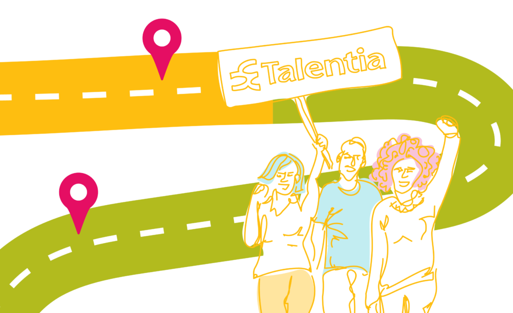 Piirros, jossa kolme ihmistä seisoo ja kantaa kylttiä