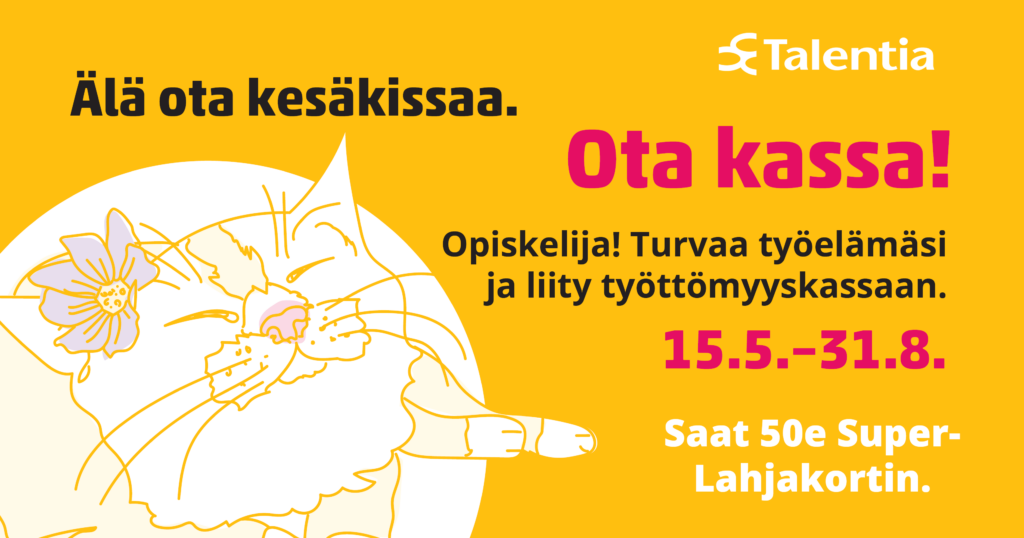 Keltaisella pohjalla piirros kissasta ja punaista tekstiä