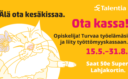 Keltaisella pohjalla piirros kissasta ja punaista tekstiä