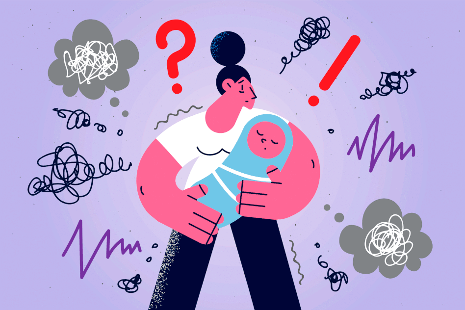 Piirroskuva naisesta, jolla on vauva sylissä