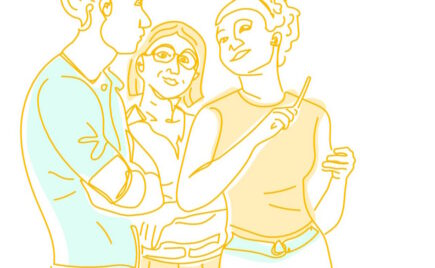 Kolme piirroshahmoa keskustelee keskenään