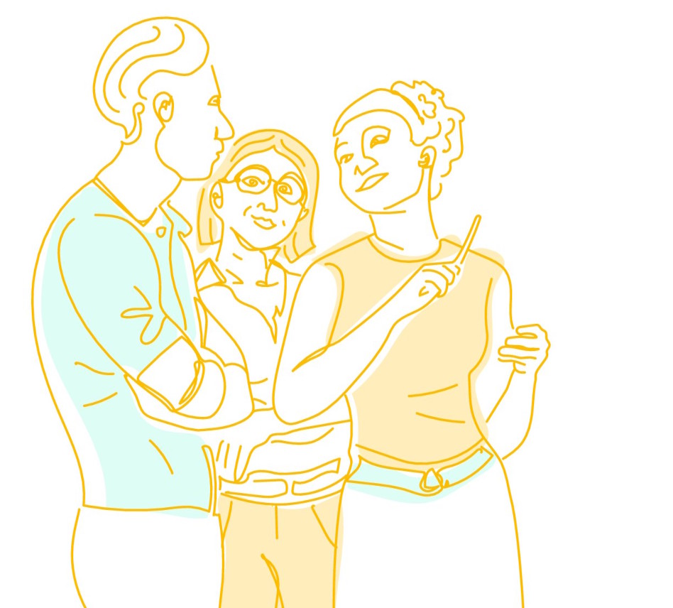 Kolme piirroshahmoa keskustelee keskenään