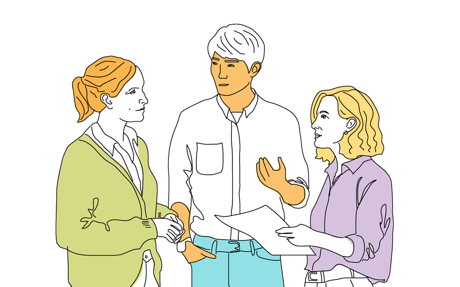 Kolme piirroshahmoa vierekkäin