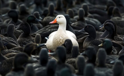 Yksi valkoinen lintu mustien lintujen seassa