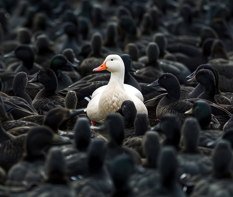 Yksi valkoinen lintu mustien lintujen seassa