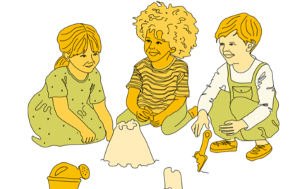 Piirroskuva, missä kolme lasta leikkii lattialla