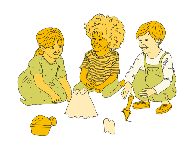 Piirroskuva, missä kolme lasta leikkii lattialla