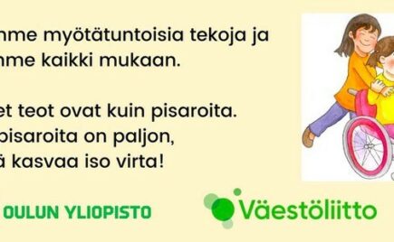 Piirroskuva lapsesta pyörätuolissa.