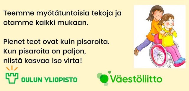 Piirroskuva lapsesta pyörätuolissa.