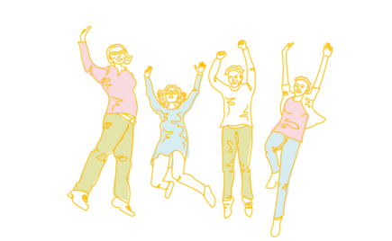 Piirroskuva neljästä ihmisestä hyppäämässä ilmaan kädet pystyssä