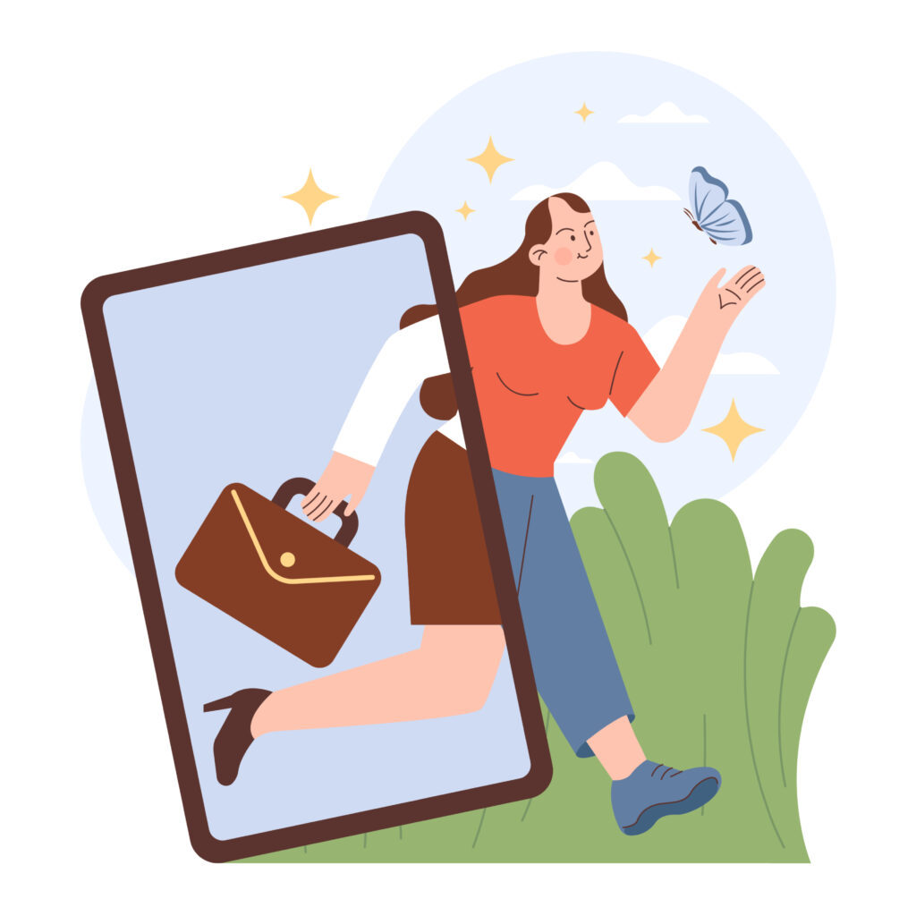 Piirroskuva kiireesti salkku kädessä juoksevasta naisesta