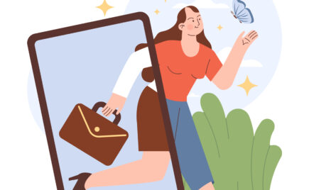 Piirroskuva kiireesti salkku kädessä juoksevasta naisesta