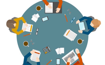 Kuvituskuva ihmisistä istumassa pyöreän pöydän ympärillä