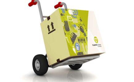 Kuva muuttokärryistä, joissa on laatikko TE-palveluiden logolla.