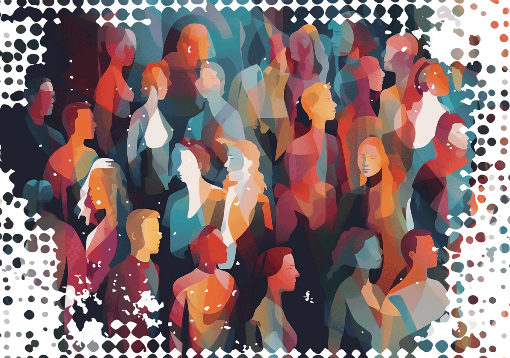 Maalaus ihmisjoukosta