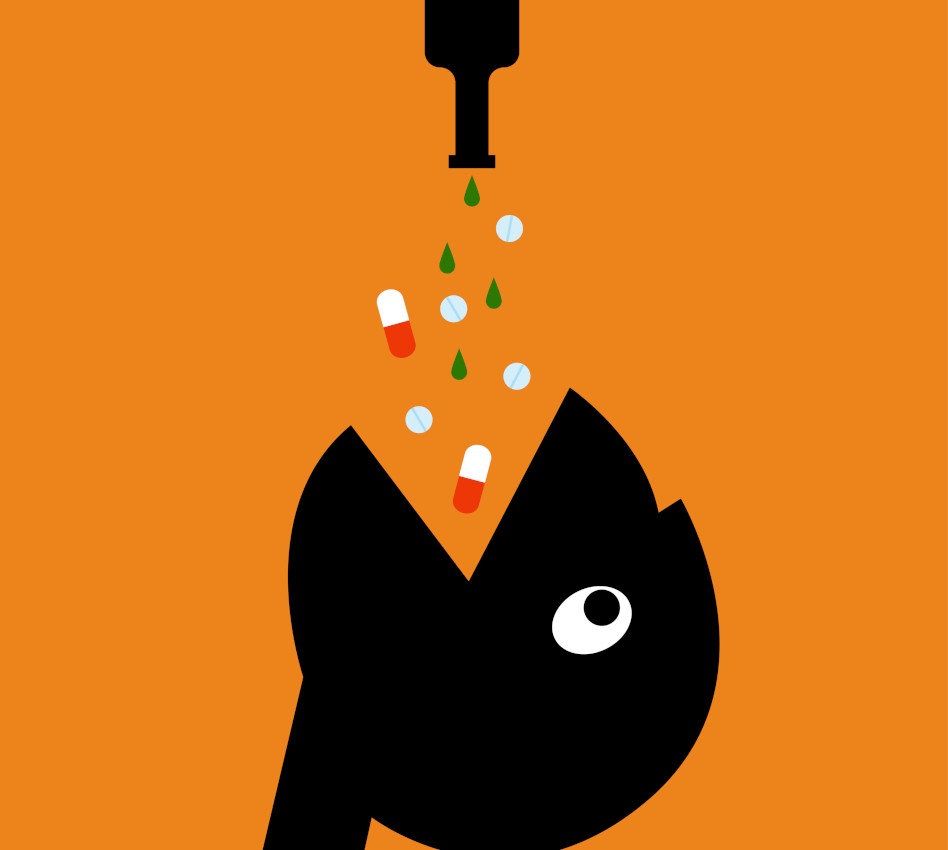 Piirroskuva, missä pullosta valuu tabletteja ihmishahmon avoimeen suuhun