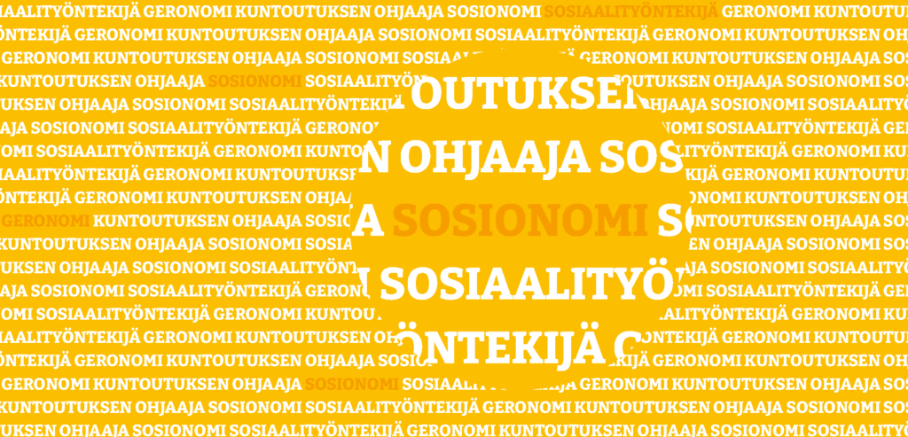 Sosiaalialan nimikkeitä kirjoitettuna keltaisella pohjalla