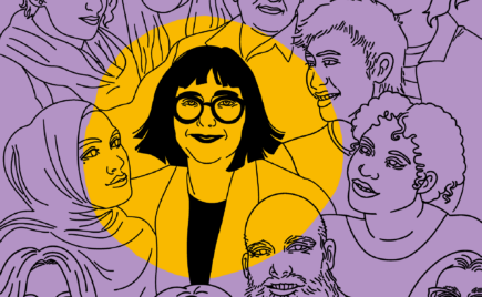 Piirroskuva silmälasipäisestä naisesta, muita kasvoja ympärillä