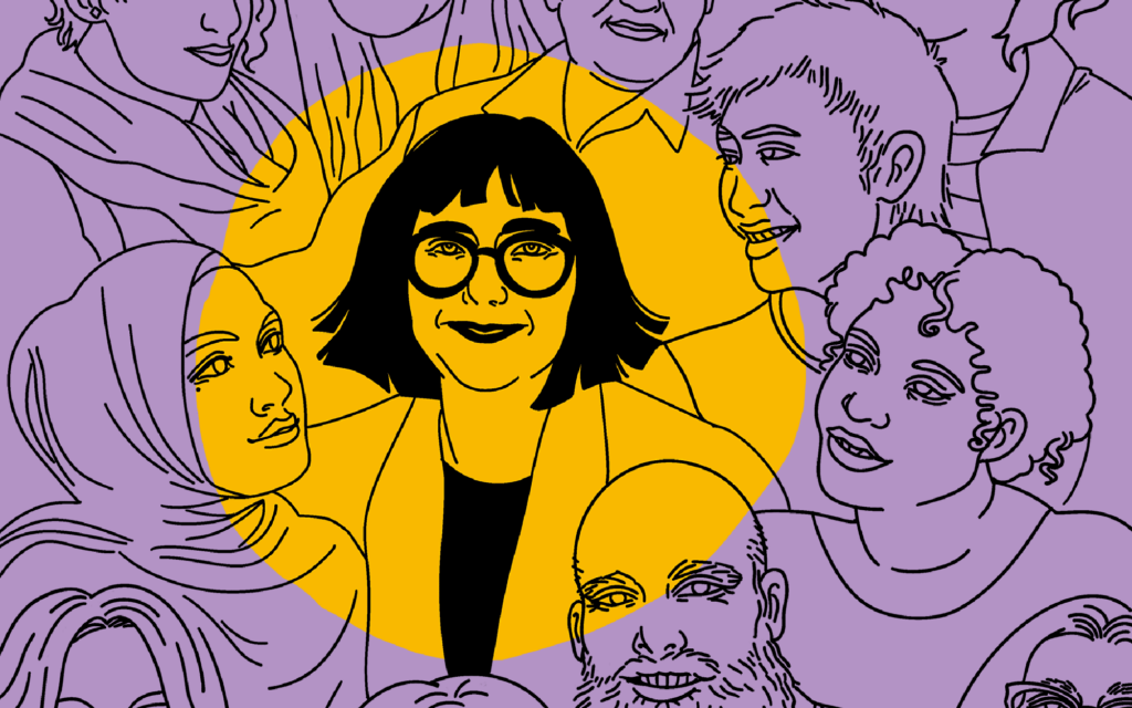Piirroskuva silmälasipäisestä naisesta, muita kasvoja ympärillä