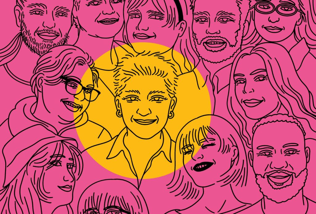 Piirroskuva useista erilaisista kasvoista yhdessä