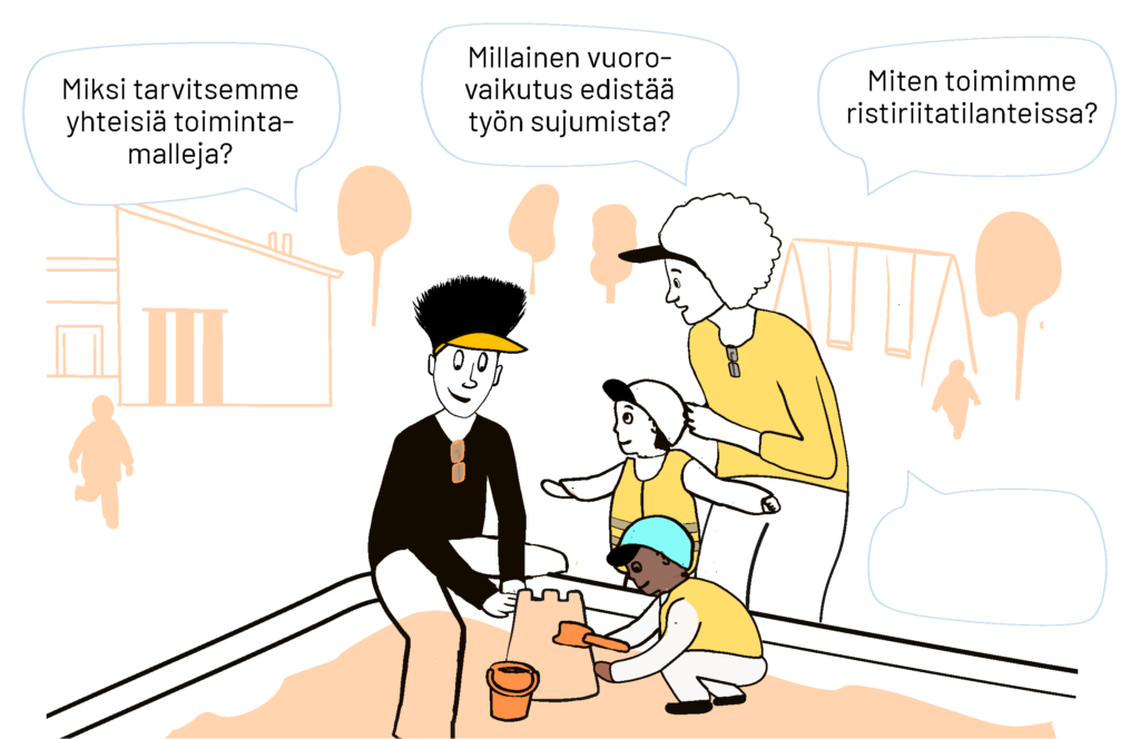 Piirroskuva, missä kaksi henkilöä ja lapsi hiekkalaatikolla
