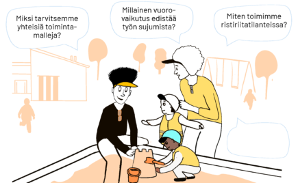 Piirroskuva, missä kaksi henkilöä ja lapsi hiekkalaatikolla