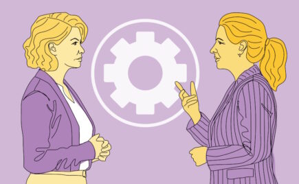 Piirroskuva kahdesta hahmosta vastakkain, pyörä ratas välissä