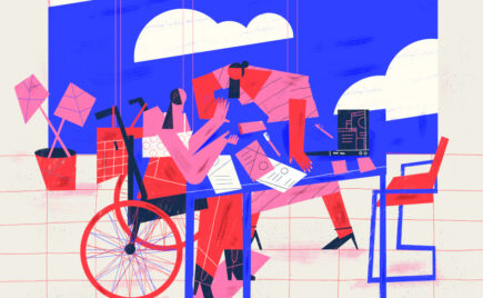 Piirroskuva pyörätuolista ja ihmisistä pilvitaivaan alla.