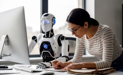 Nainen työskentelee pöydän ääressä robotin vieressä