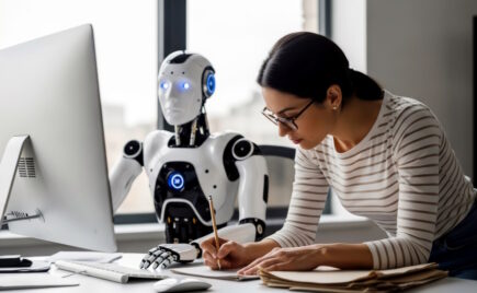 Nainen työskentelee pöydän ääressä robotin vieressä