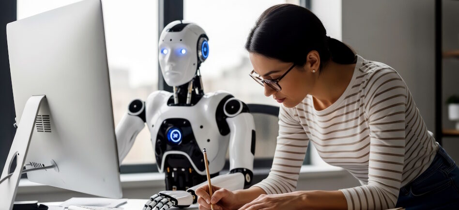 Nainen työskentelee pöydän ääressä robotin vieressä