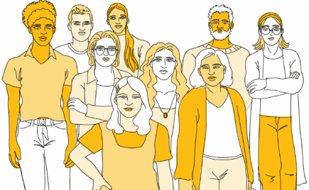 Kuvituskuva ryhmästä ihmisiä seisomassa vierekkäin