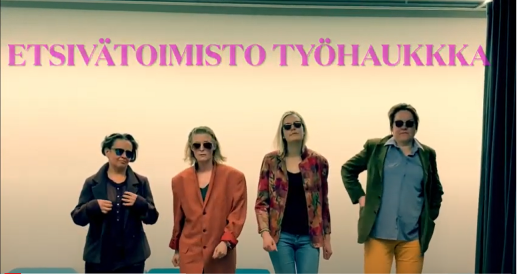 Etsivätoimisto työhaukka. Kuvassa neljä "etsivää"