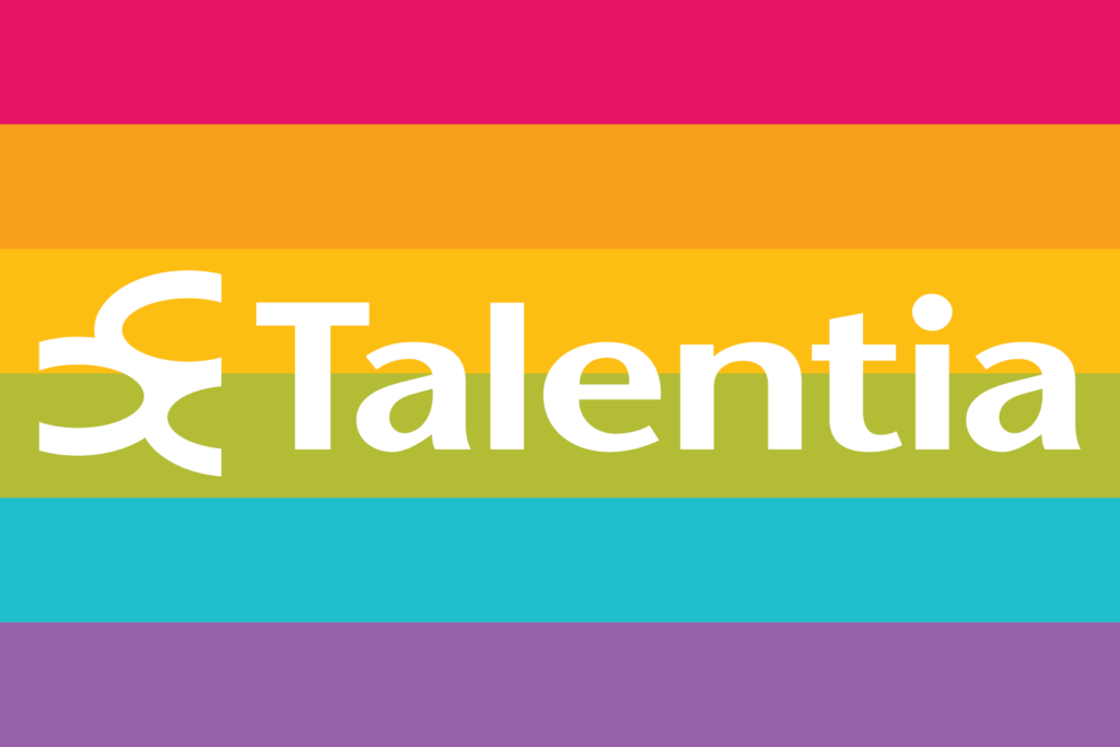 Talentian nimi ja logo sateenkarivärien päällä.