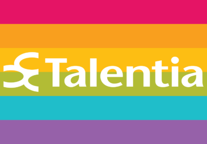 Talentian nimi ja logo sateenkarivärien päällä.